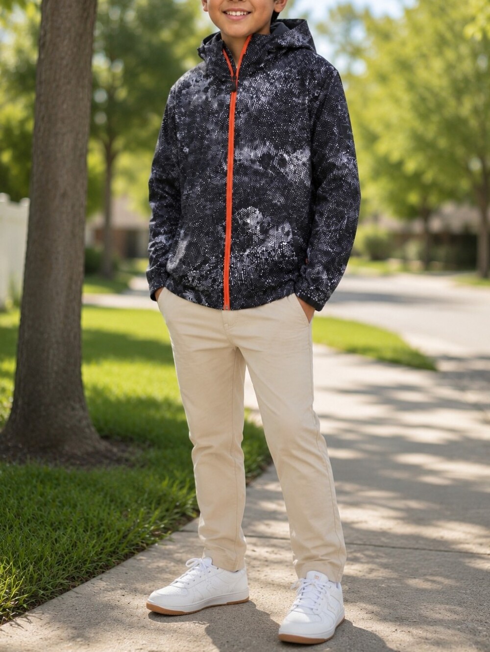 Quiksilver Kids Black Patterned Hooded Rain Jacket Orange Zip Lightweight